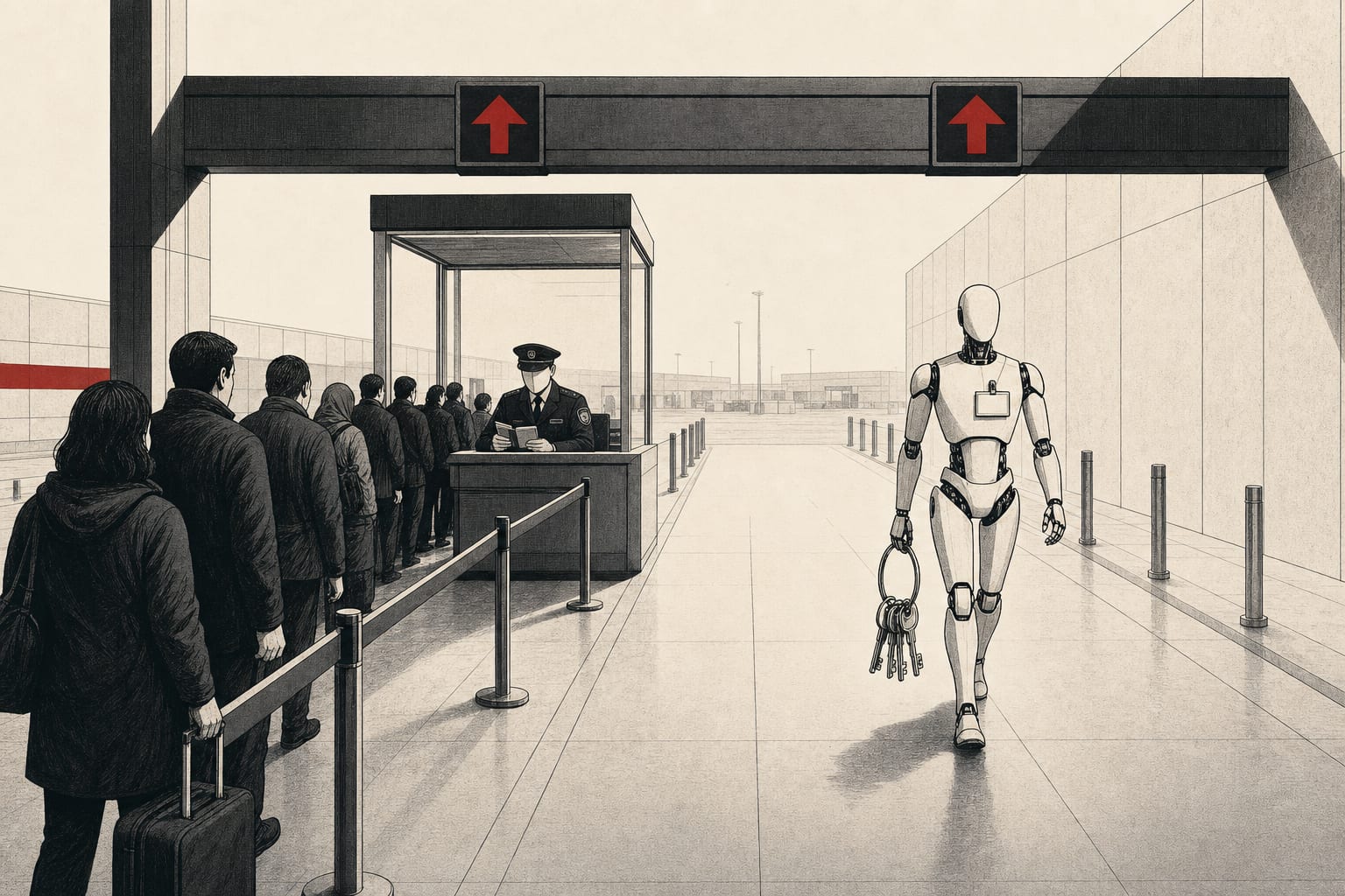 A border-style checkpoint with a long human queue waiting at an ID booth on one side and an empty fast lane beside it where a faceless automaton walks straight through carrying a ring of keys with no name tag.
