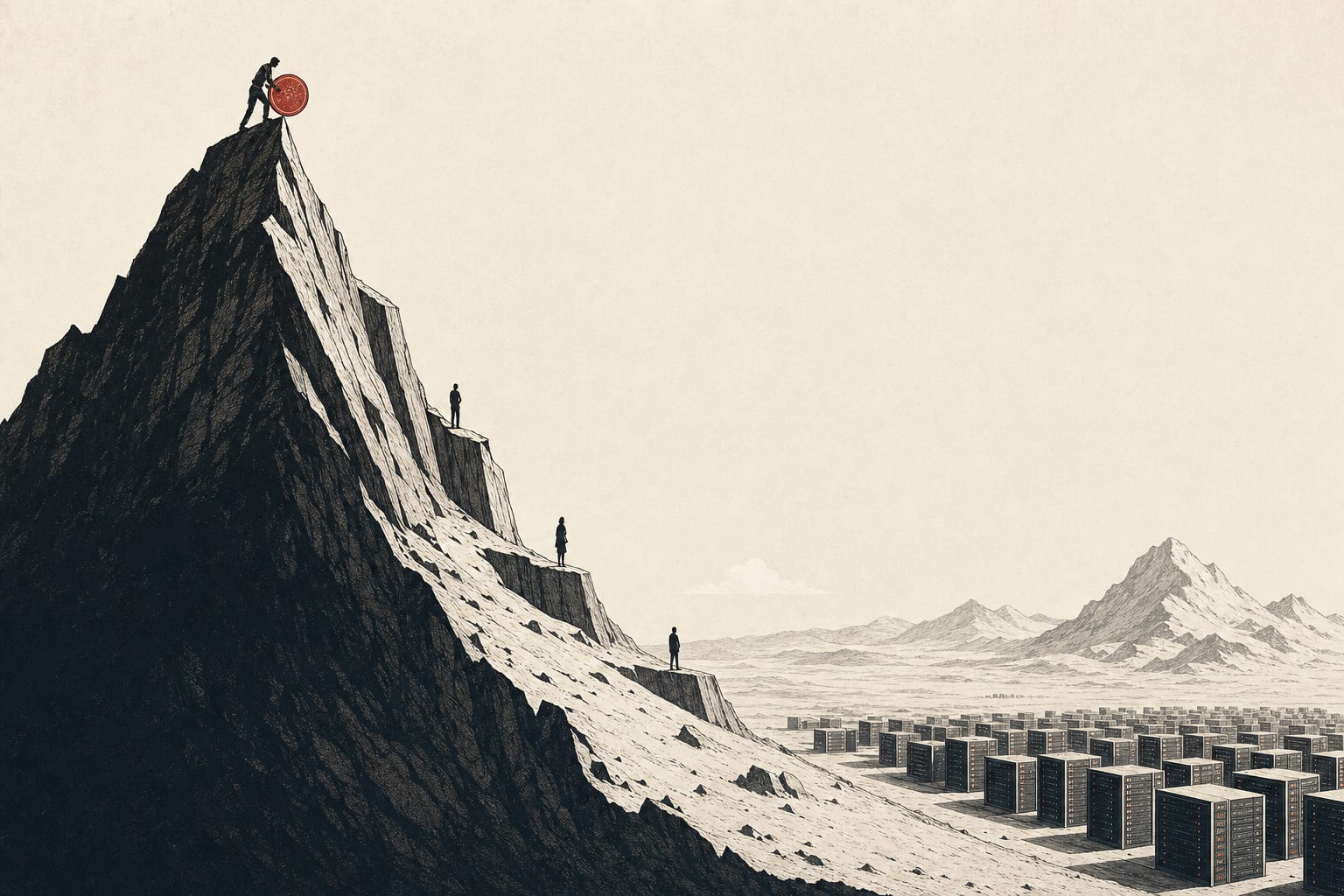 A steep mountain ridge shaped like a falling cost curve, with a lone figure committing at the summit while others wait on lower ledges near a cheap plateau of server racks